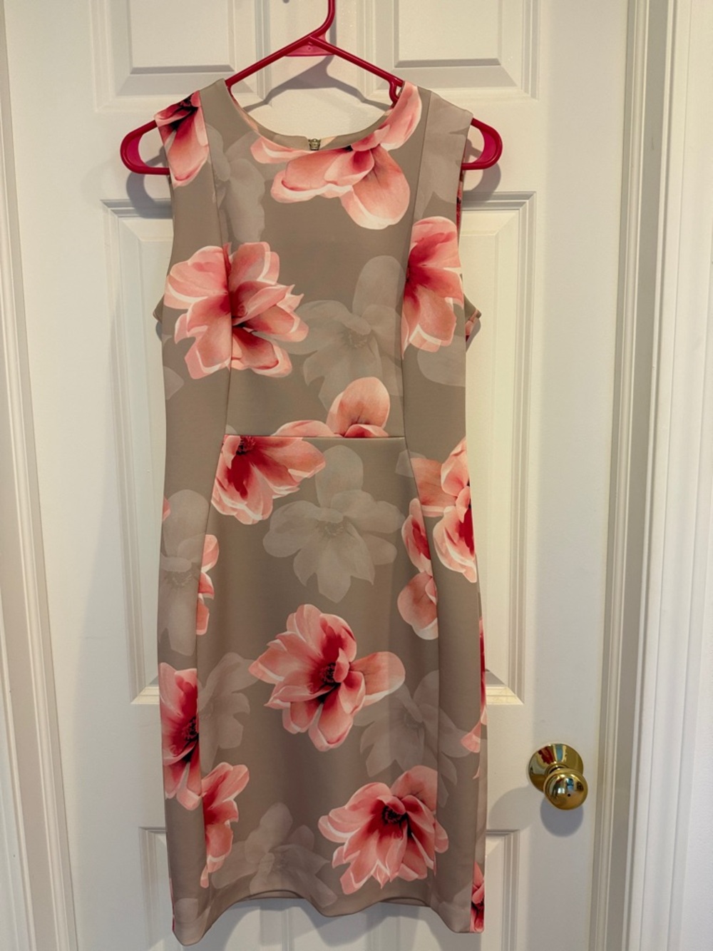 Calvin Klein Taupe Midi Dress with Pink Floral Print